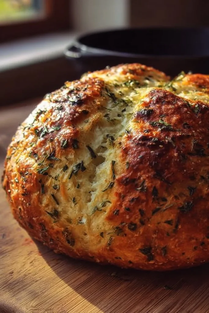 Homemade Garlic Herb Dutch Oven Bread fresh out of the oven