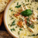 Bowl of creamy Garlic Parmesan Chicken Soup topped with fresh herbs