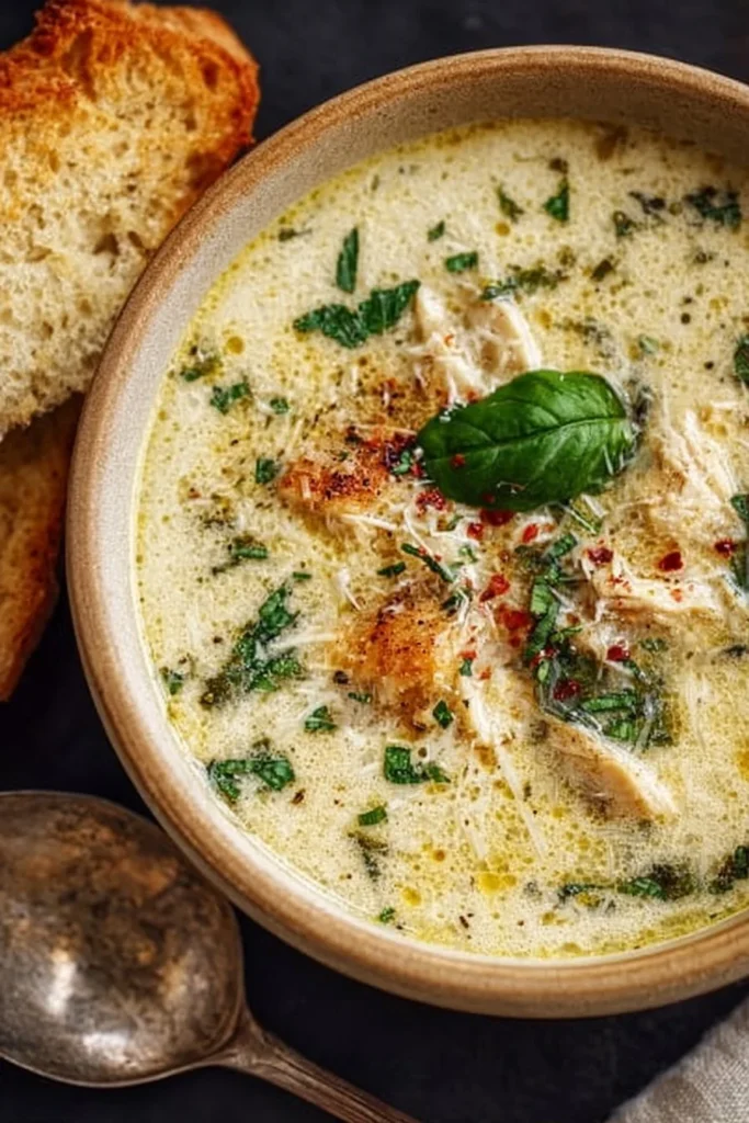 Bowl of creamy Garlic Parmesan Chicken Soup topped with fresh herbs