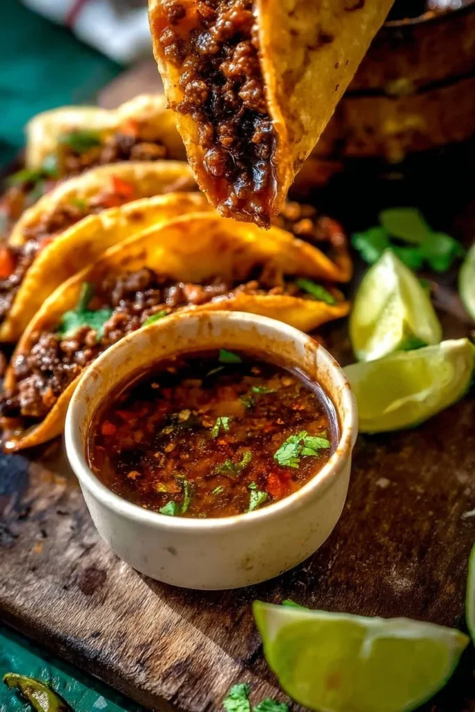 Delicious ground beef tacos served with fresh toppings and salsa.