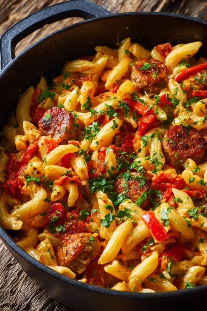Delicious hearty Dutch oven pasta with fresh ingredients