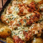 High-protein creamy garlic chicken with cheesy potatoes on a plate.