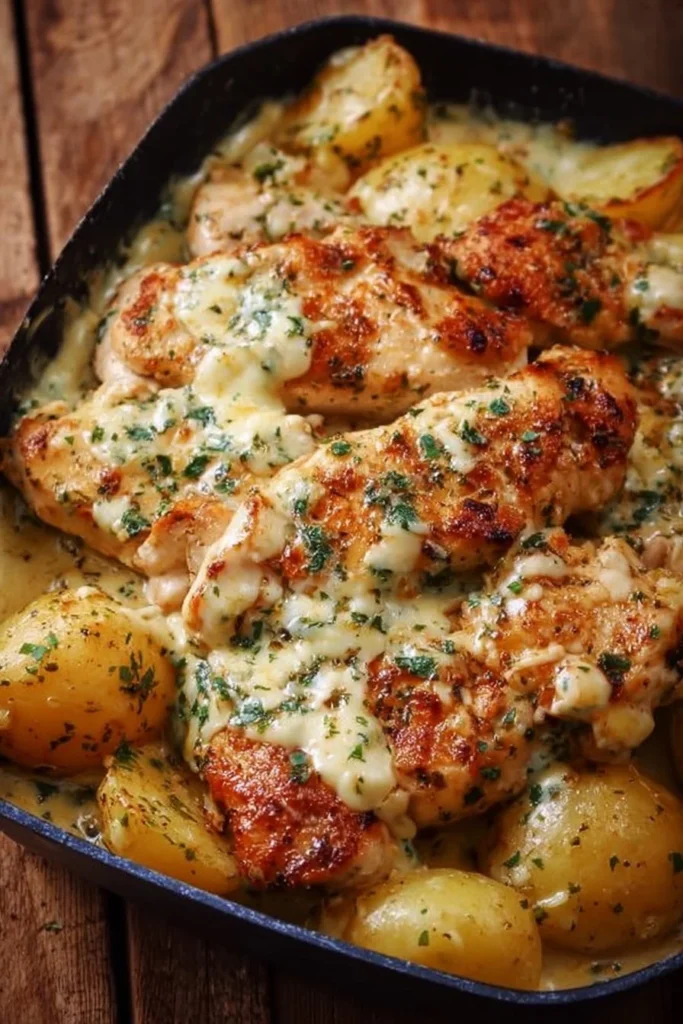 High-protein creamy garlic chicken with cheesy potatoes on a plate.
