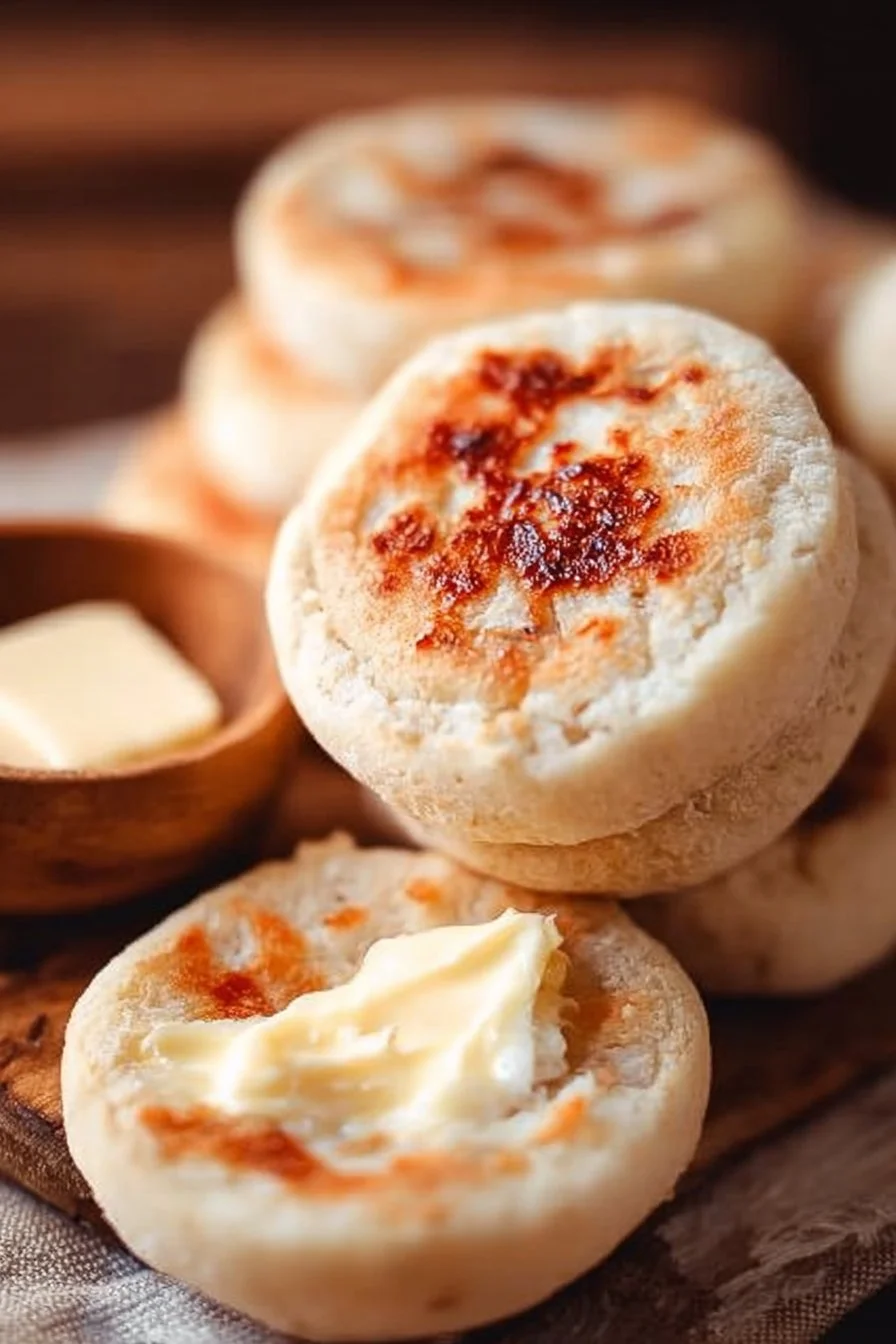 Homemade English muffins baked to perfection, ready for breakfast.