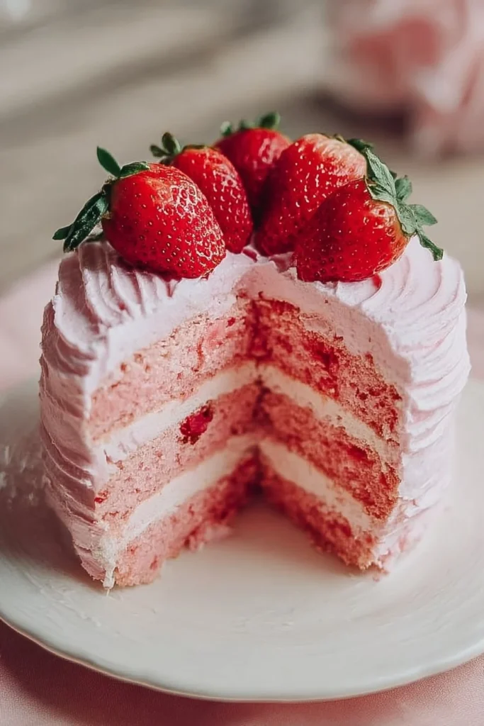 Slice of homemade strawberry cake with fresh strawberries and strawberry frosting.