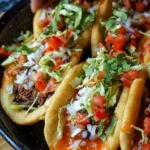 Delicious homemade street-style chalupas with fresh toppings on a wooden table