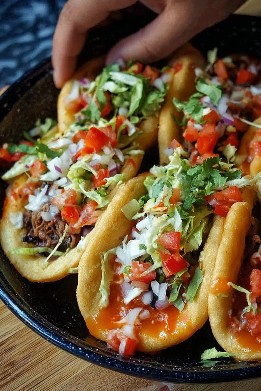 Delicious homemade street-style chalupas with fresh toppings on a wooden table