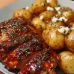 Honey BBQ Chicken served with savory garlic potatoes on a dinner plate