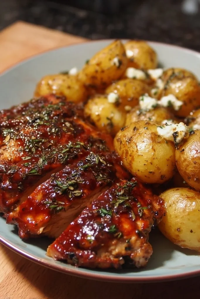 Honey BBQ Chicken served with savory garlic potatoes on a dinner plate