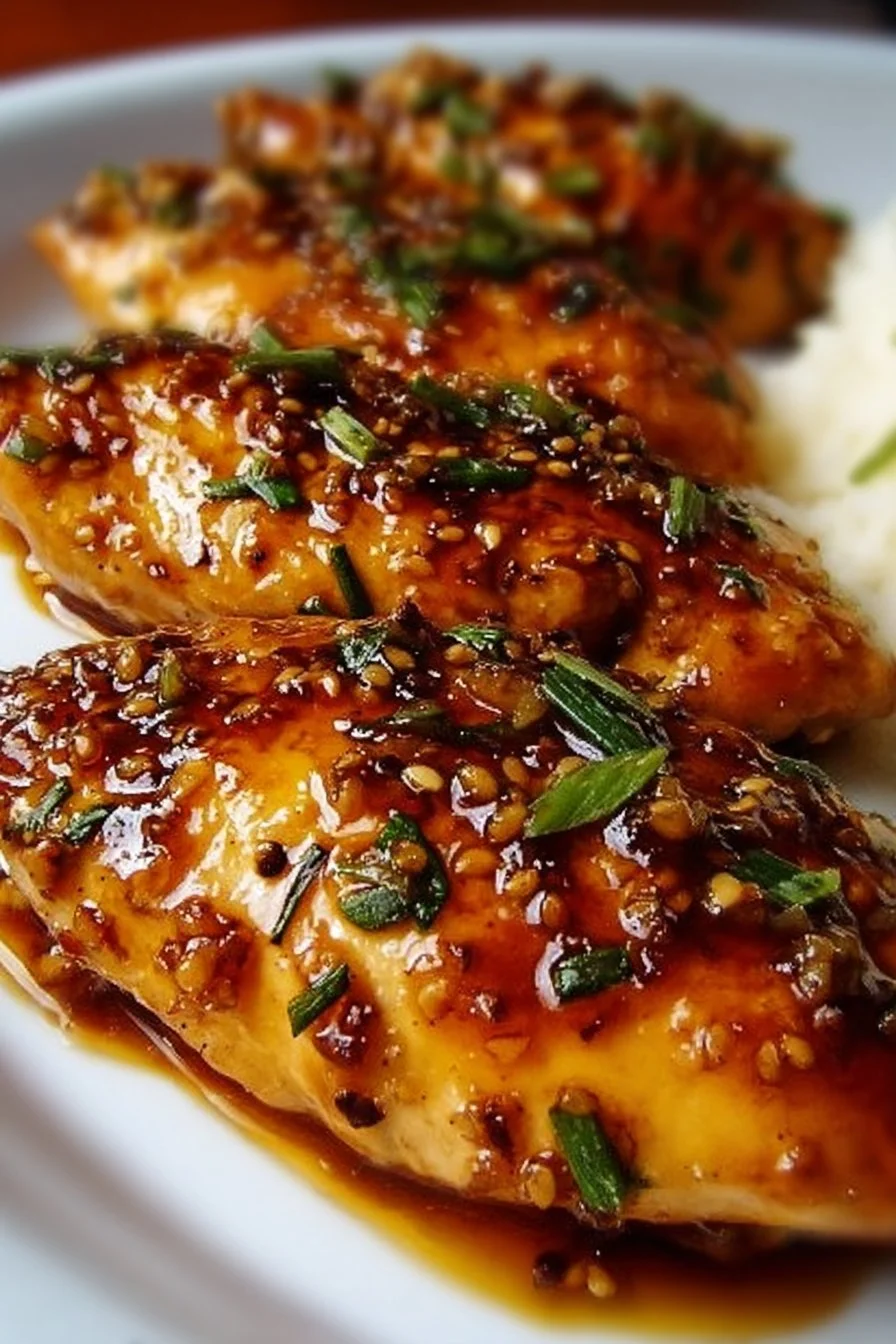 Delicious Honey Garlic Chicken Breasts served on a plate with garnishes