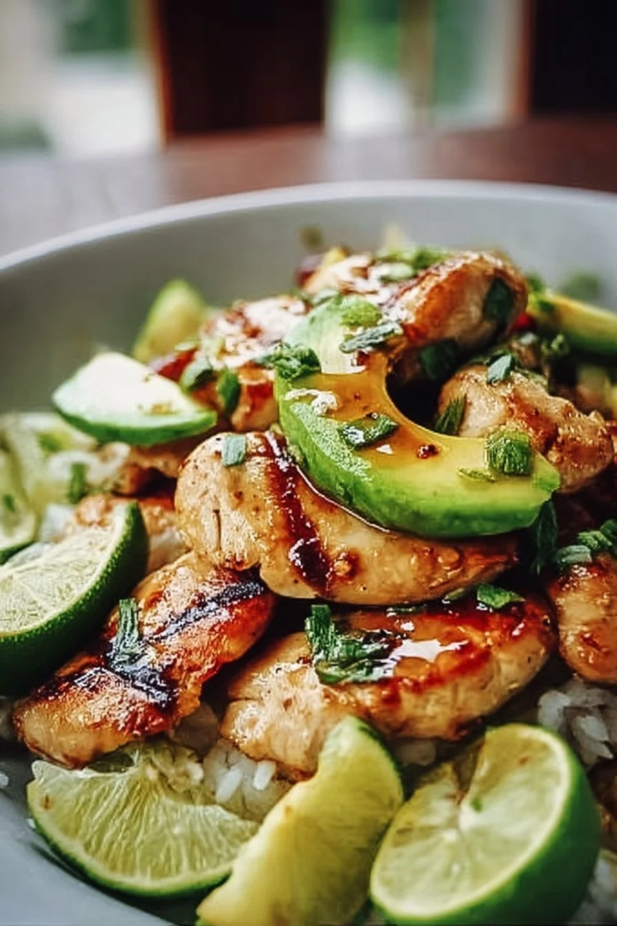Honey Lime Chicken with Avocado served on a plate garnished with fresh herbs