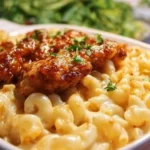 Creamy Honey Pepper Chicken Mac and Cheese topped with crispy chicken and spices.