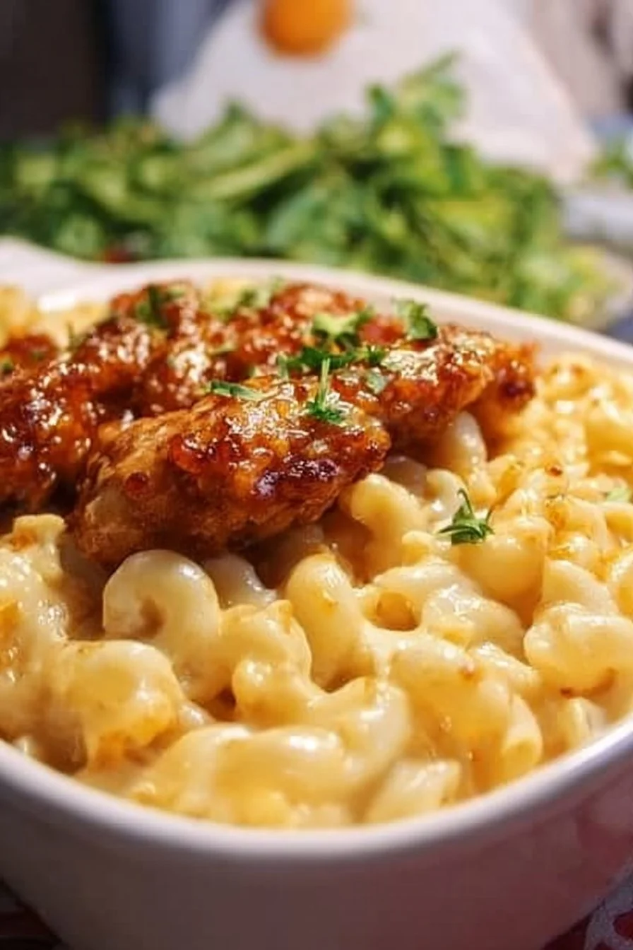 Creamy Honey Pepper Chicken Mac and Cheese topped with crispy chicken and spices.