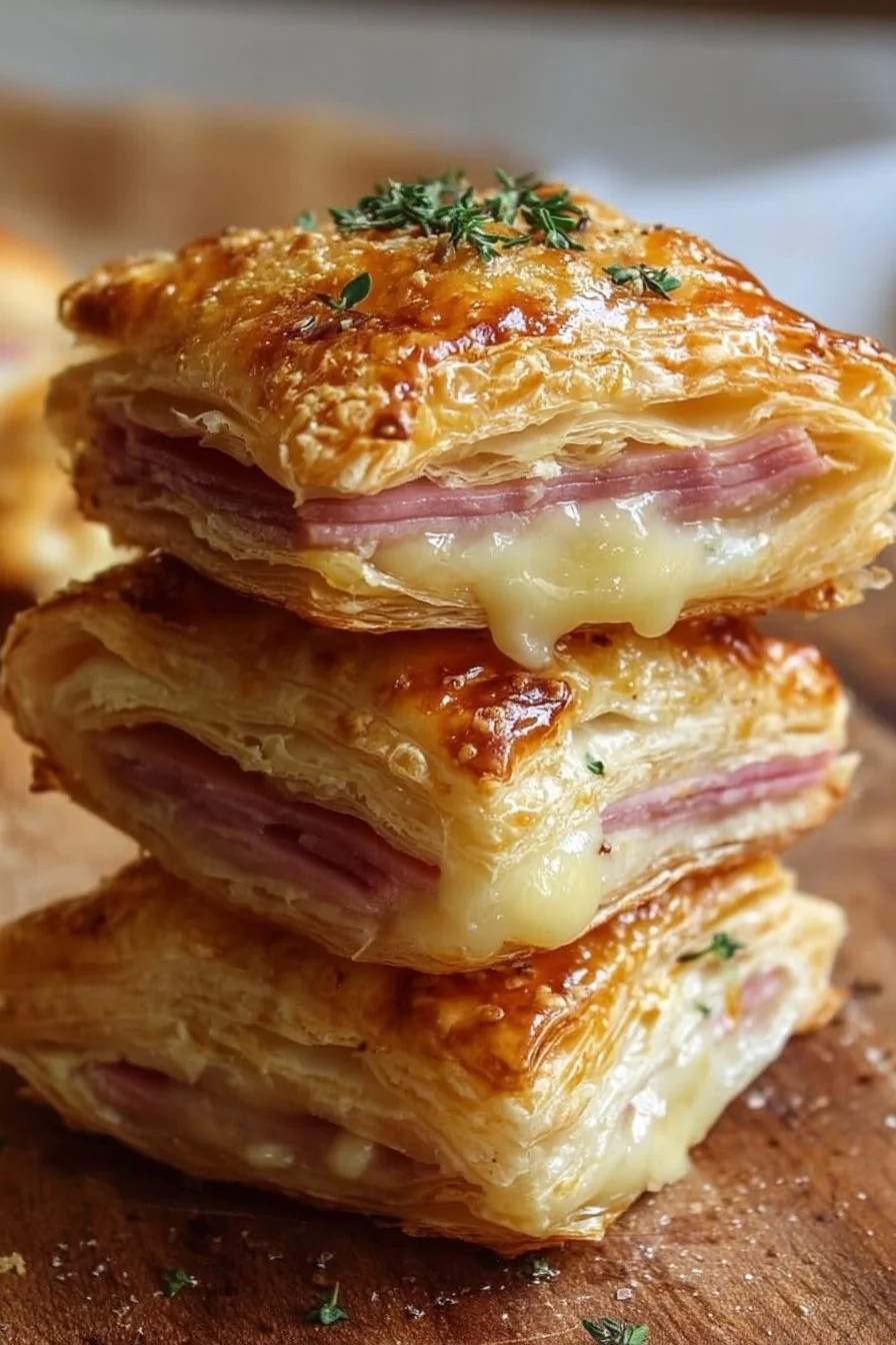 Crispy ham and cheese puff pastry stacks on a plate