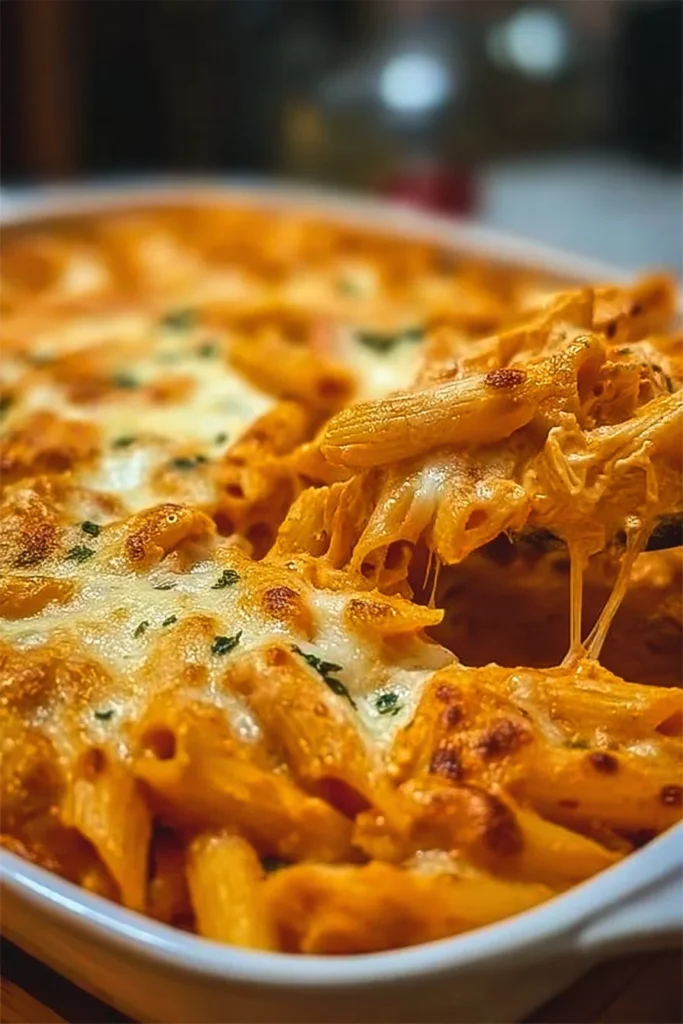 A comforting dish of Buffalo Chicken Pasta Bake with creamy sauce and melted cheese.