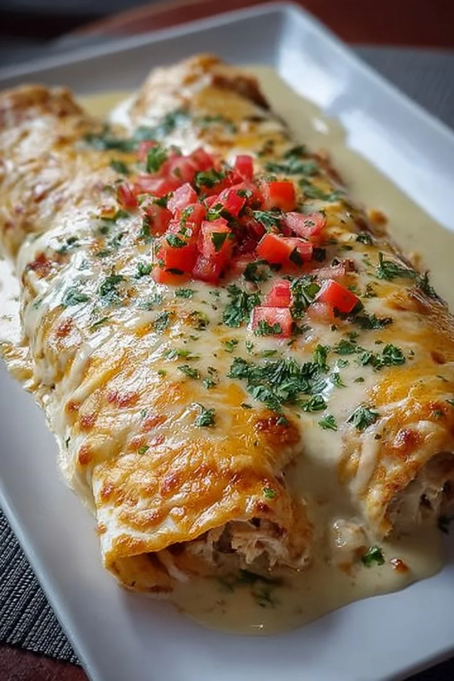 Delicious queso chicken enchiladas topped with melted cheese and garnished with cilantro.