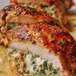 Delicious Ruth's Chris stuffed chicken on a plate with herbs and sides