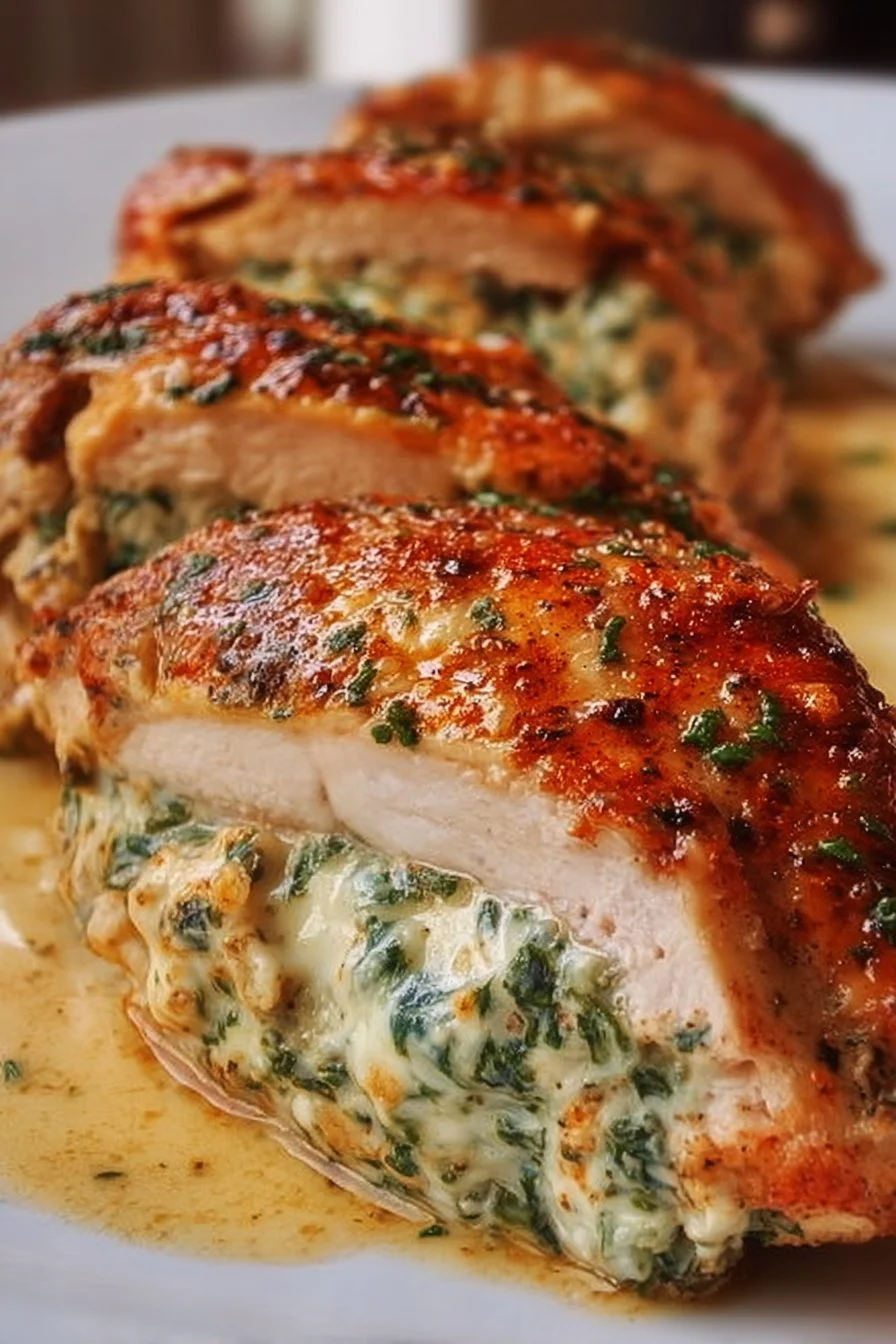 Delicious Ruth's Chris stuffed chicken on a plate with herbs and sides