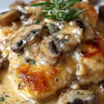 Creamy Mushroom Asiago Chicken dish served with vegetables