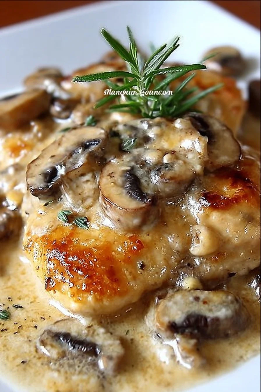 Creamy Mushroom Asiago Chicken dish served with vegetables