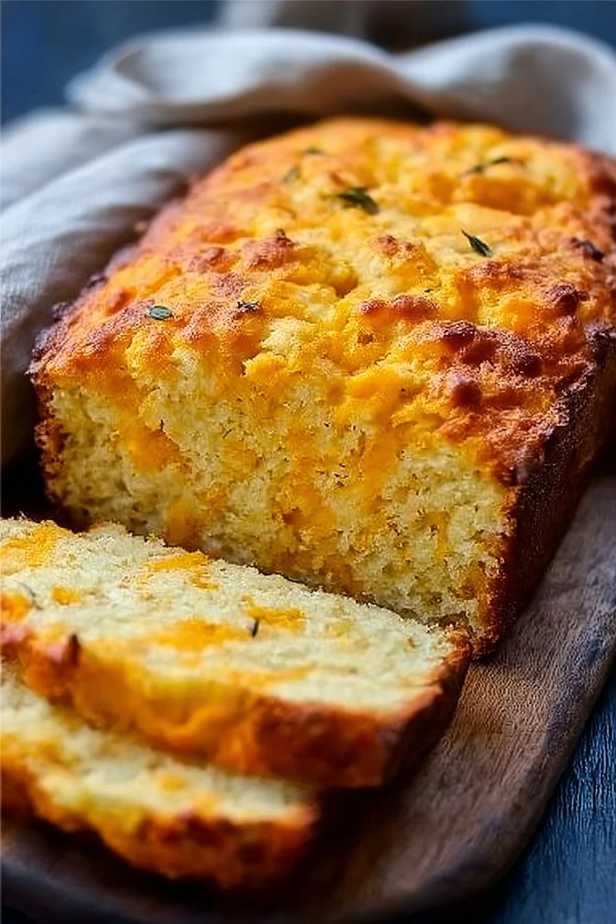 Irresistibly easy cheddar cheese quick bread ready to be served.