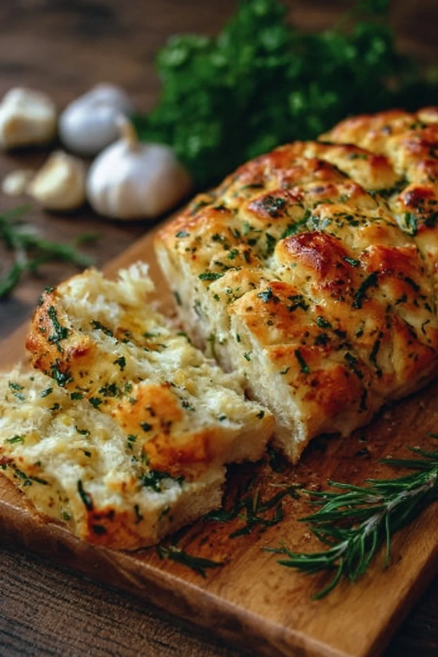 Loaf of Italian Herbs and Cheese Bread with a golden crust and fresh herbs