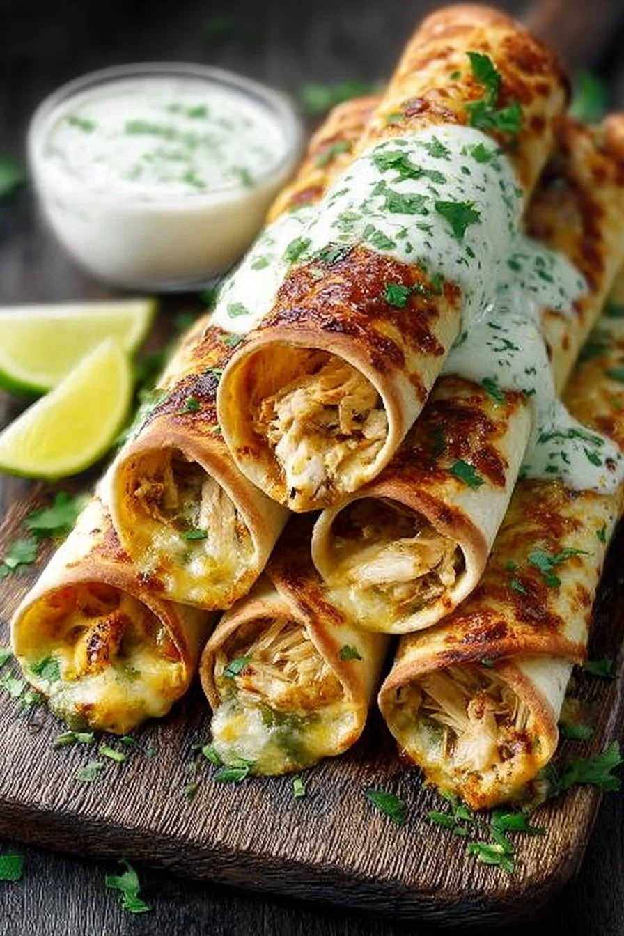 Delicious Jalapeño Popper Chicken Taquitos garnished with fresh cilantro and jalapeños