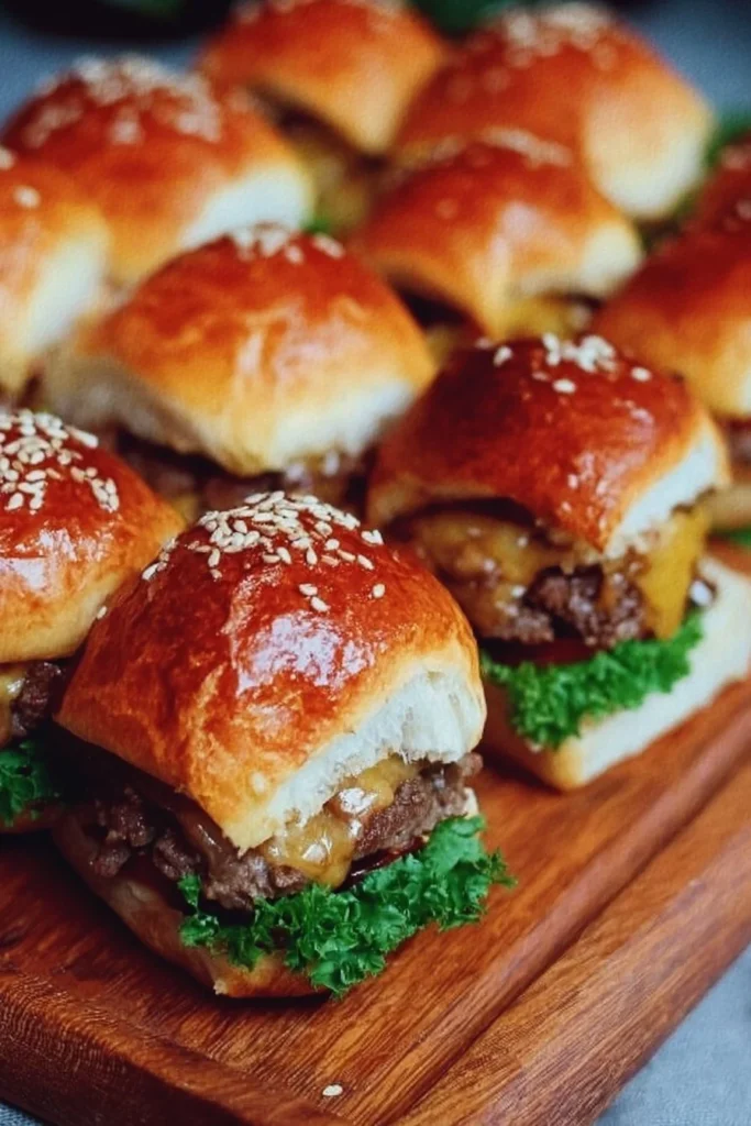 Plate of delicious juicy cheeseburger sliders ready to serve