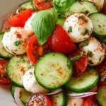 Juicy Cucumber Caprese Salad with tomatoes and mozzarella cheese