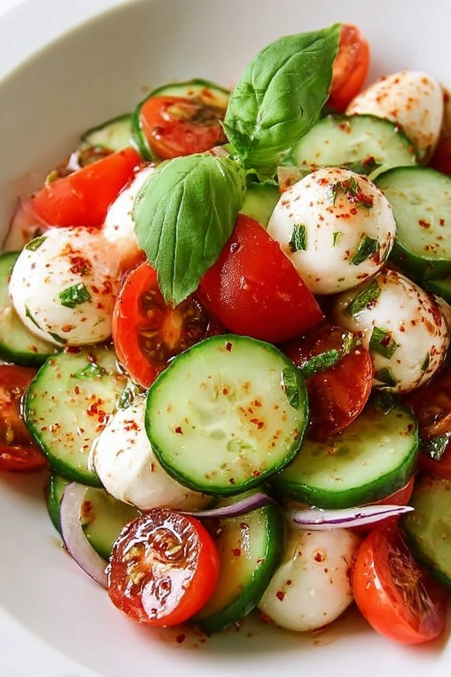 Juicy Cucumber Caprese Salad with tomatoes and mozzarella cheese