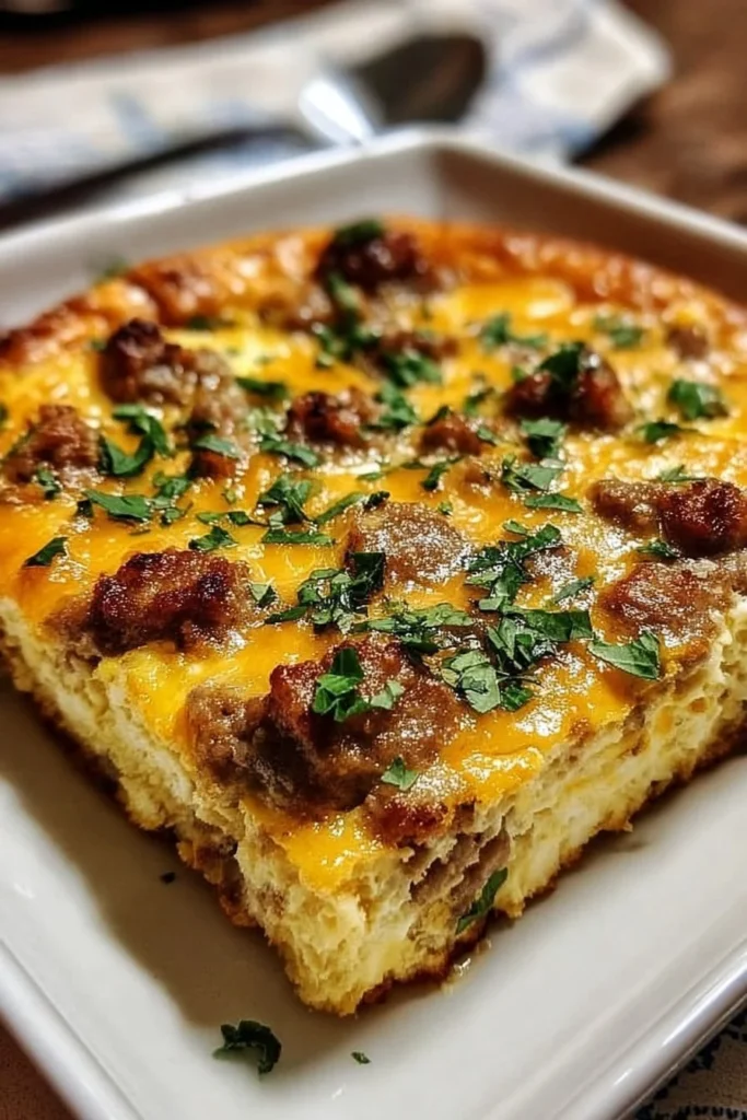 Keto Sausage Egg Bake with sausage, eggs, and veggies baked in a casserole dish