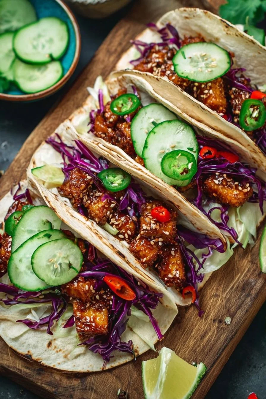 Korean-inspired crispy tofu tacos served on a plate with toppings