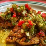 Delicious lime pepper chicken served with tomatillo-serrano salsa on a plate