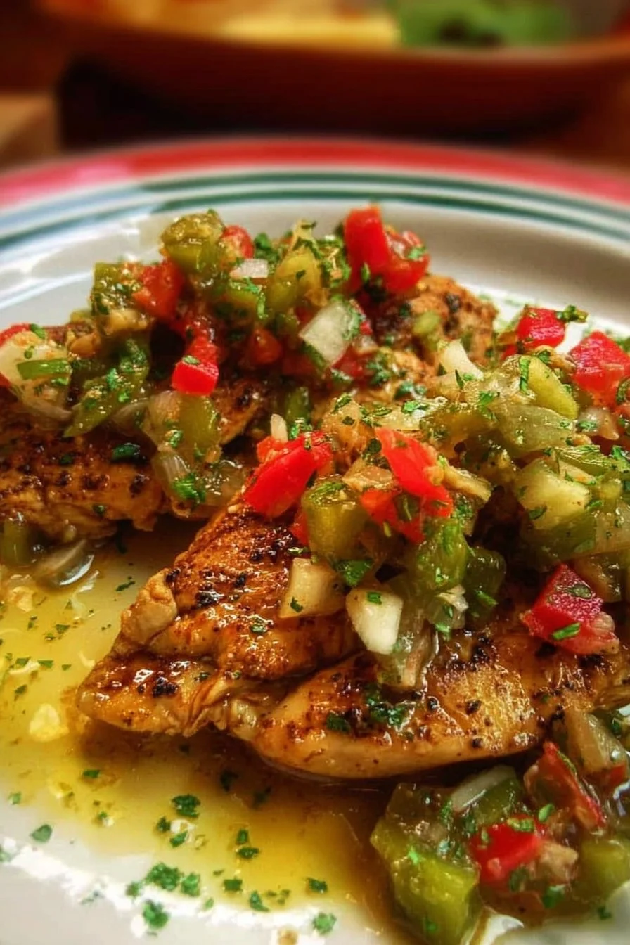 Delicious lime pepper chicken served with tomatillo-serrano salsa on a plate