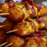 Loaded tater tot skewers topped with cheese and bacon on a wooden skewer