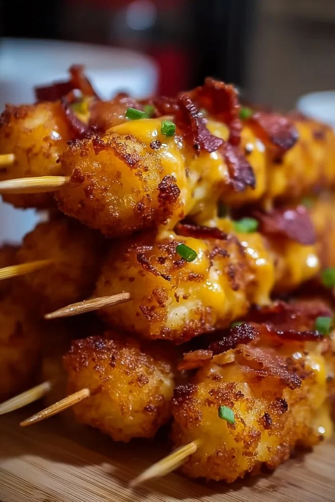 Loaded tater tot skewers topped with cheese and bacon on a wooden skewer