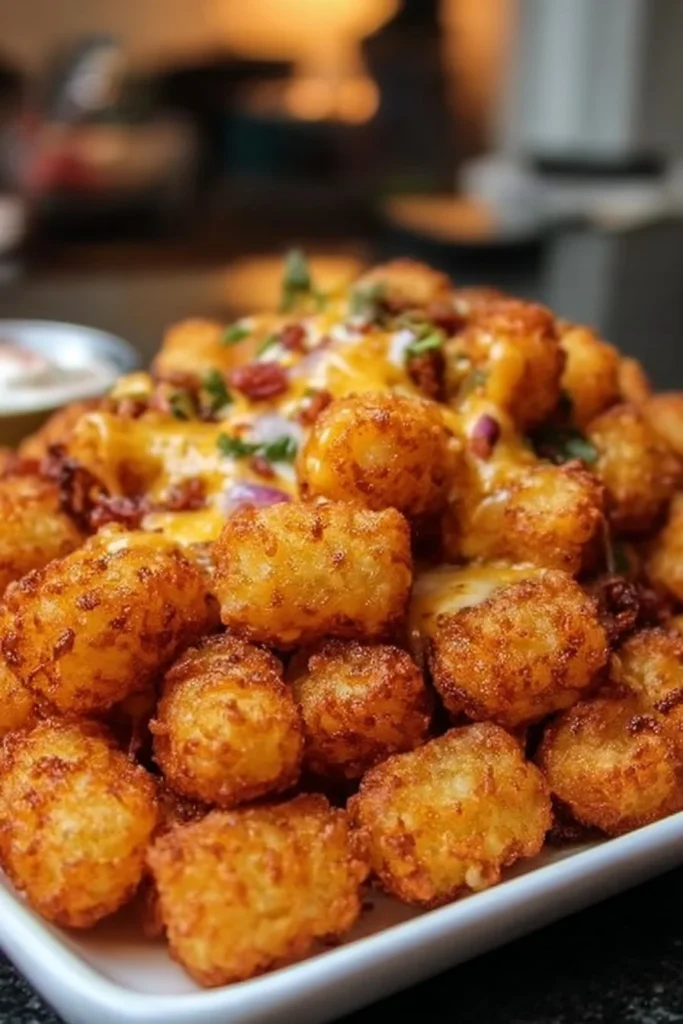 Delicious loaded tater tots topped with cheese and bacon