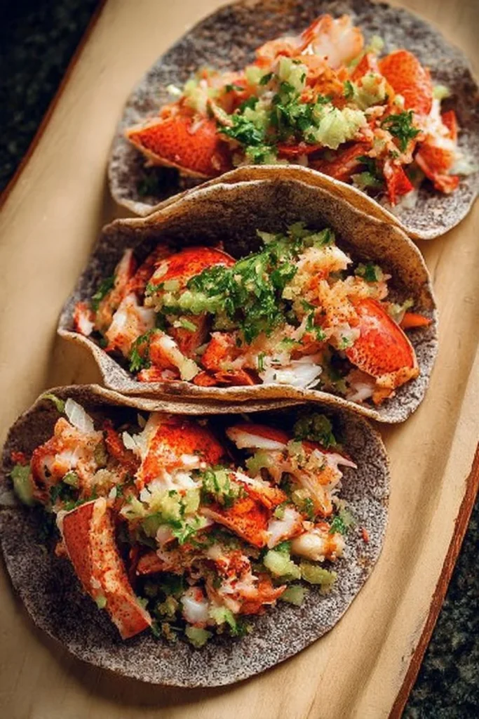 Freshly made lobster tacos with vibrant toppings and garnishes
