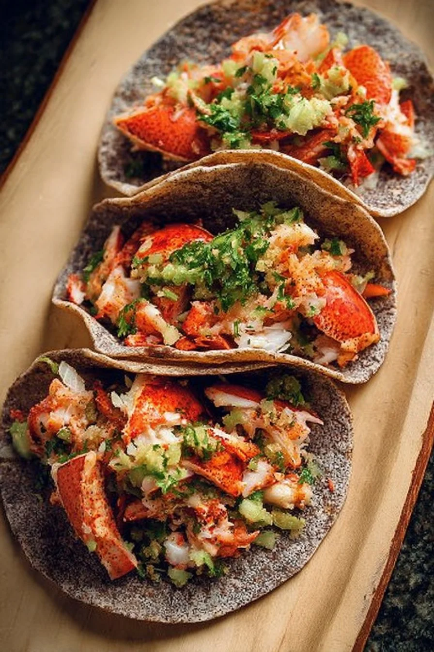 Freshly made lobster tacos with vibrant toppings and garnishes
