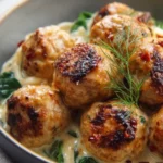 Marry Me Chicken Meatballs served on a plate with herbs and sauce.