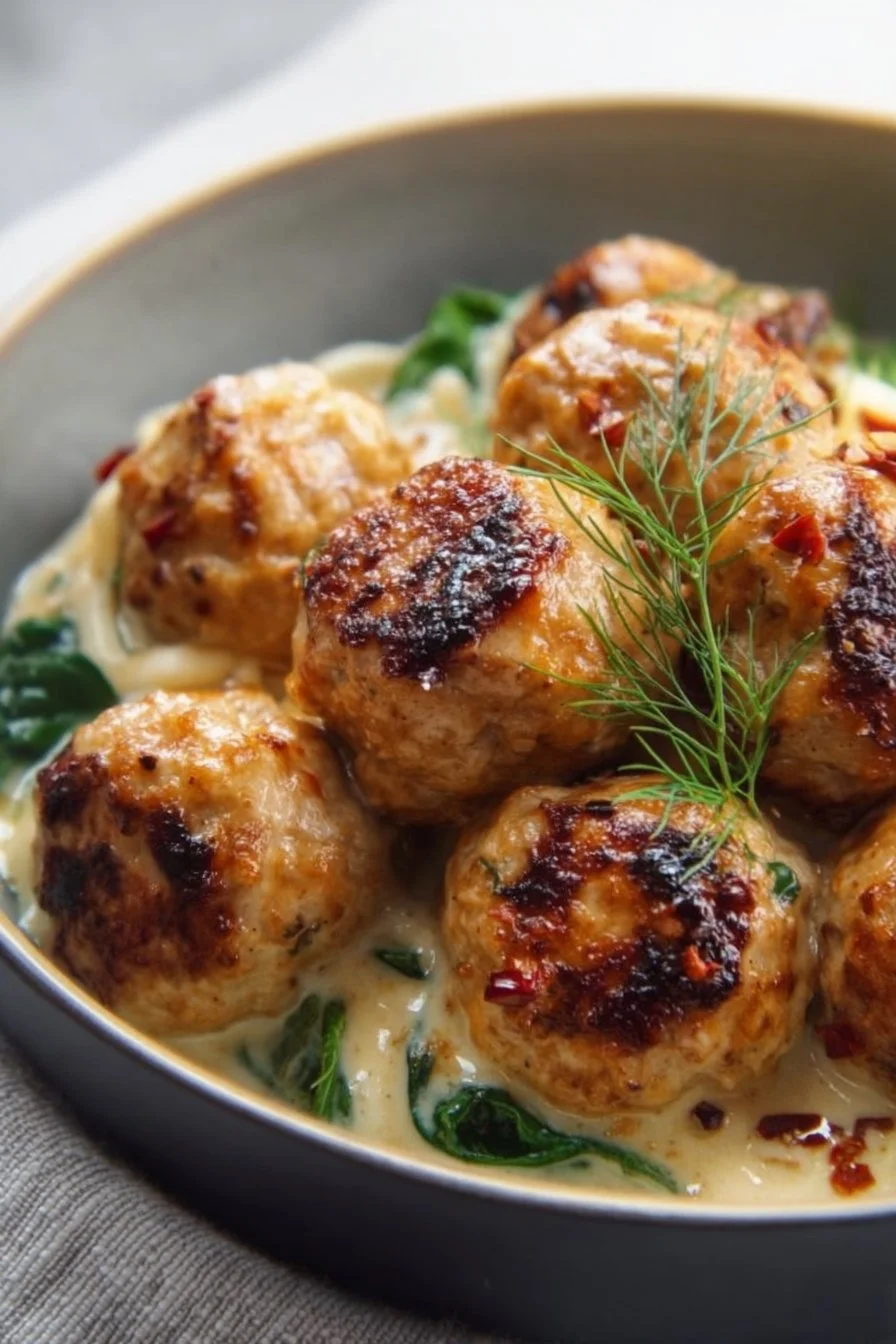 Marry Me Chicken Meatballs served on a plate with herbs and sauce.