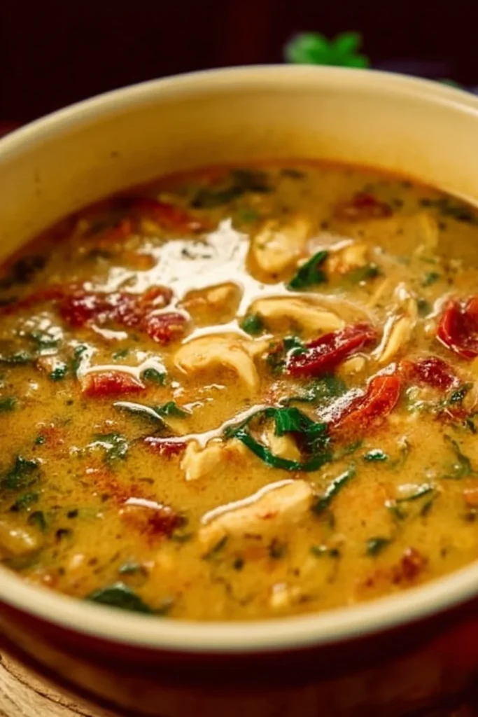 Delicious Marry Me Tuscan Chicken Soup garnished with fresh herbs