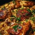 Plate of Marsala Chicken Orzo with herbs and sauce on a wooden table