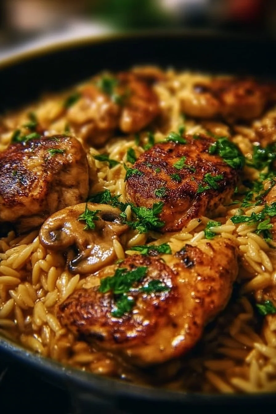 Plate of Marsala Chicken Orzo with herbs and sauce on a wooden table