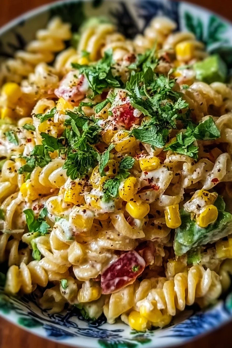 Delicious Mexican Street Corn Pasta Salad served in a bowl with fresh ingredients.