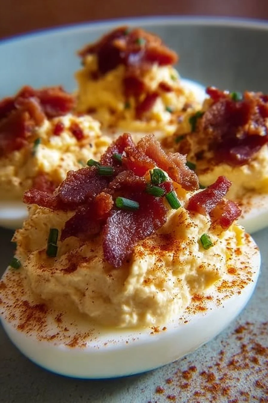 Million Dollar Bacon Deviled Eggs topped with crispy bacon