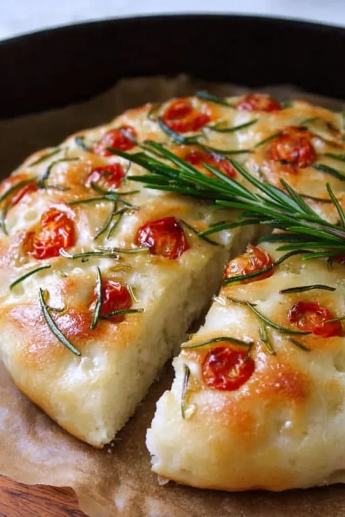 Freshly baked mini no-knead focaccia topped with herbs and olive oil