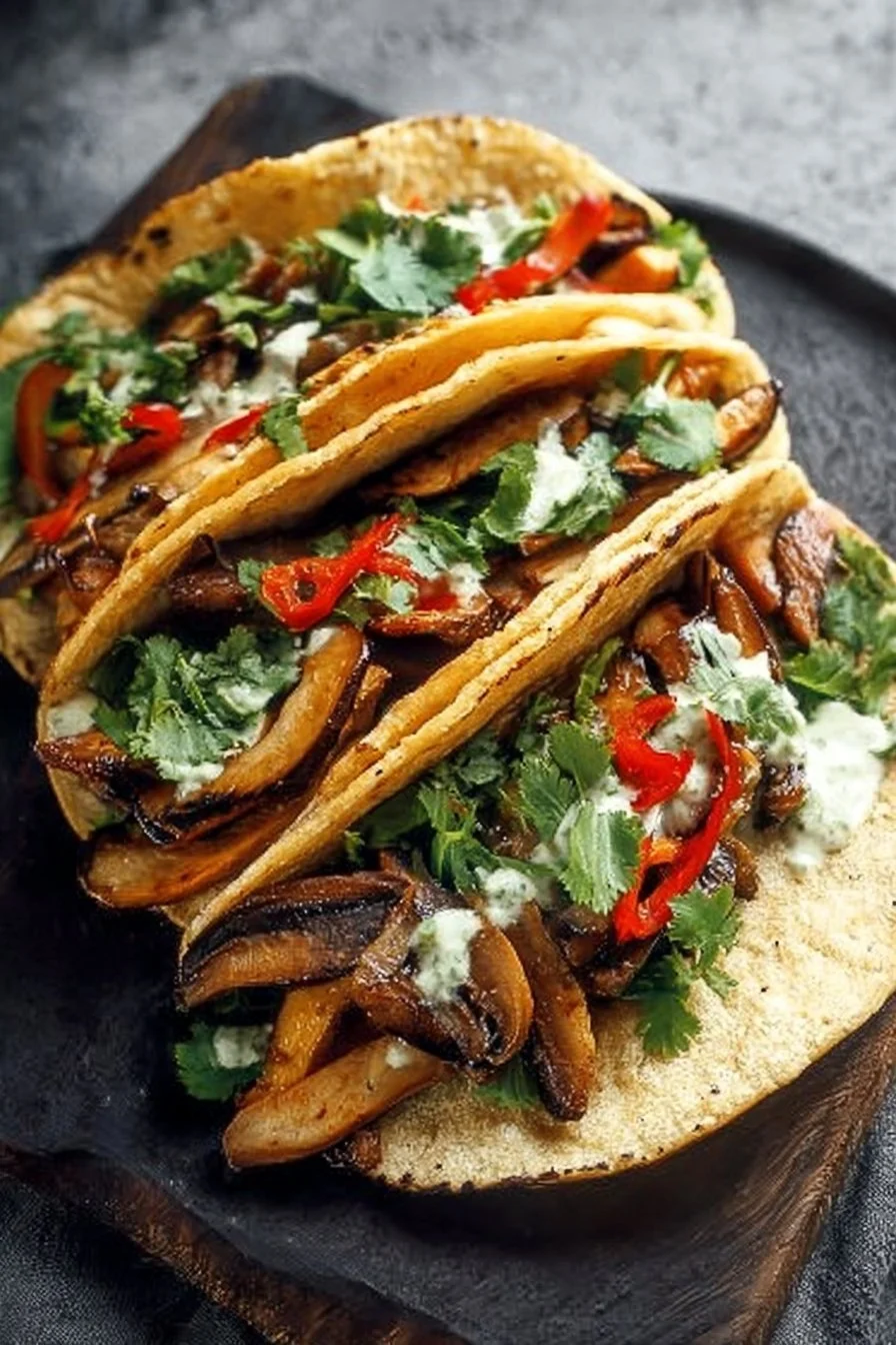 Delicious mushroom tacos topped with fresh ingredients and served in soft tortillas.