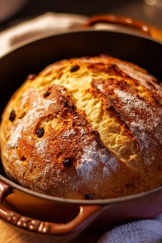 Freshly baked No-Knead Dutch Oven Bread with a crispy crust.