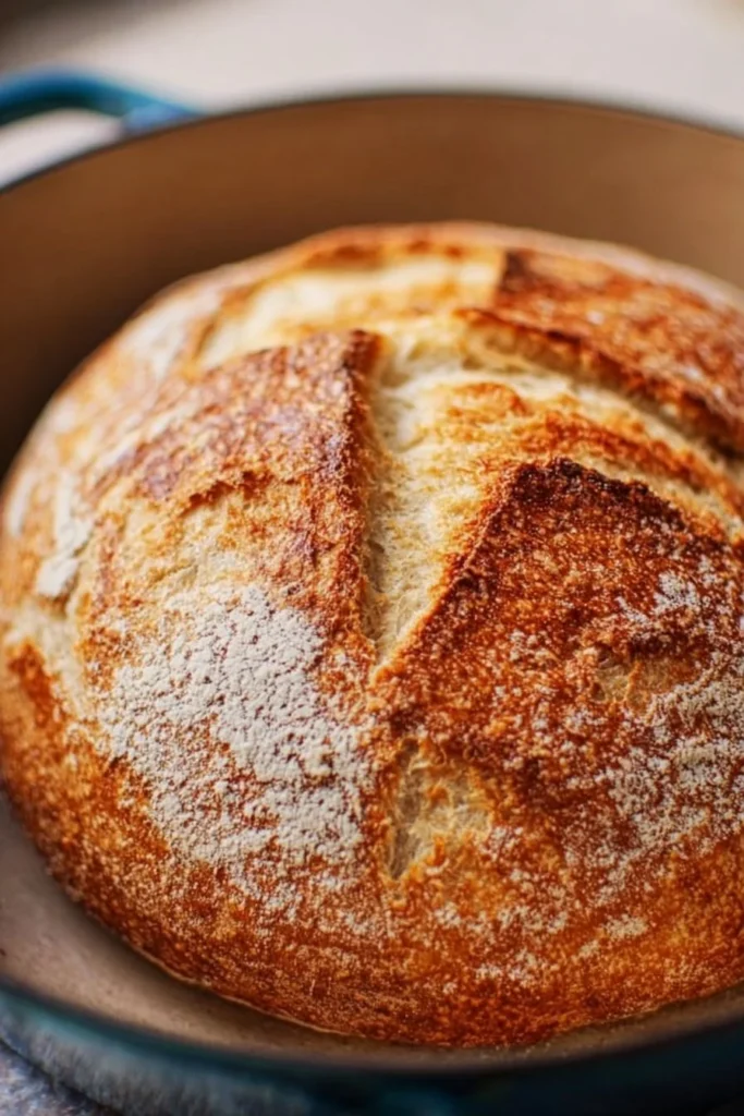 Freshly baked No-Knead Dutch Oven Bread in a rustic setting